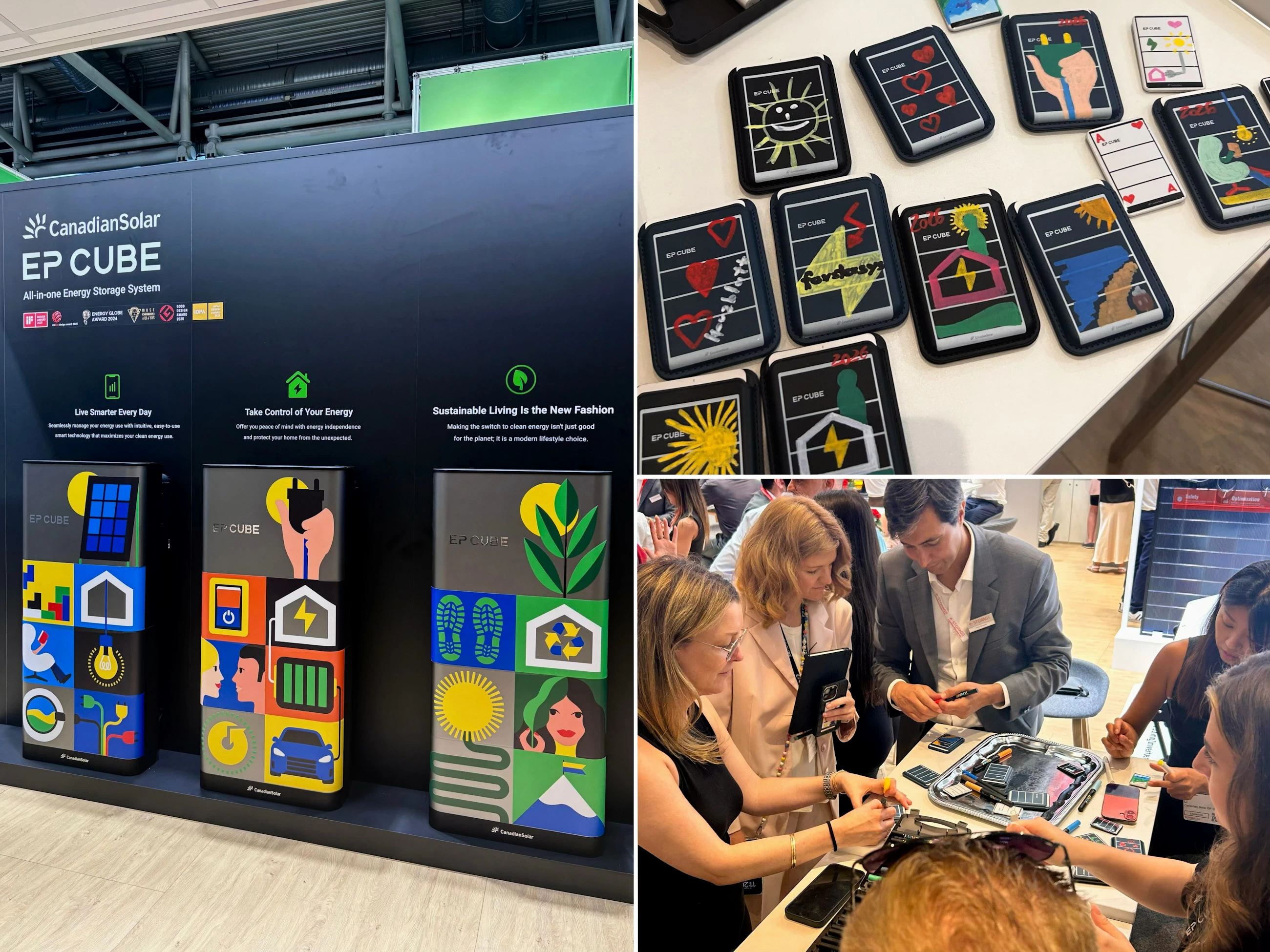 EP Cube art collaboration with Zurich illustrator Alice Hoffmann at Intersolar Europe 2026 featuring colorful product designs and hands-on creative workshops with visitors